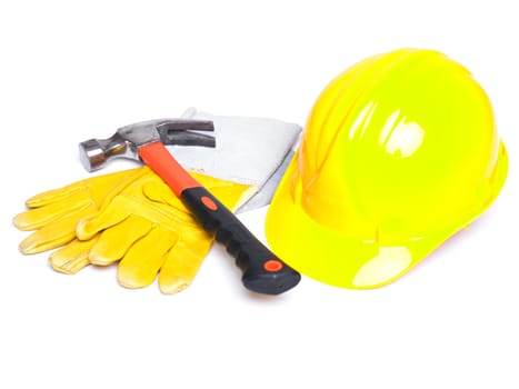 HardHat Hammer And Leather Gloves on white