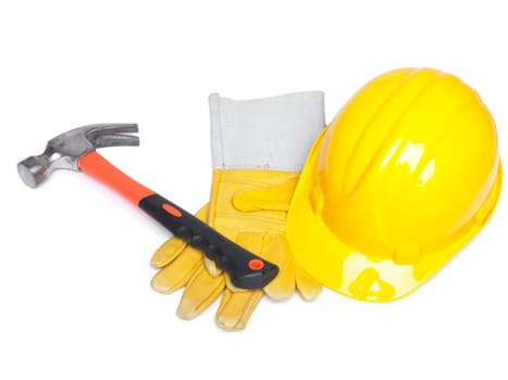 Hammer Hard Hat And Leather Gloves on white