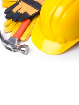 HardHat Hammer And Leather Gloves on white
