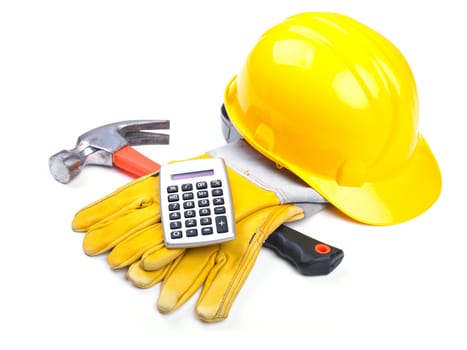 Ready fgor building site - HardHat Hammer Gloves Calculator on white