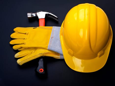 HardHat Hammer And Gloves on black
