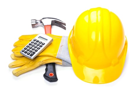 Ready fgor building site - HardHat Hammer Gloves Calculator on white