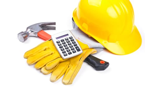 Ready fgor building site - HardHat Hammer Gloves Calculator on white