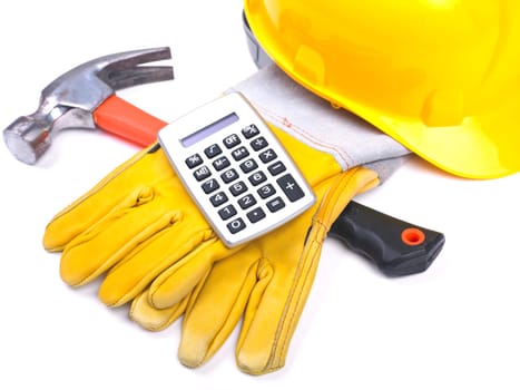 Ready fgor building site - HardHat Hammer Gloves Calculator on white
