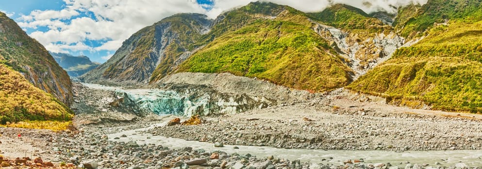Fox glacier and river in New Zealand