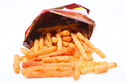 spicy french fries snacks in a abag on white background
