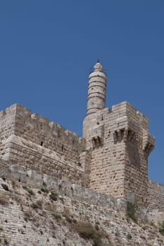 david tower in jerusalem boundry wall  with blue sky