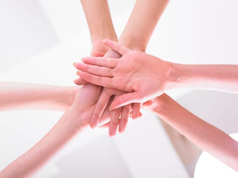 Business team join hands on white background