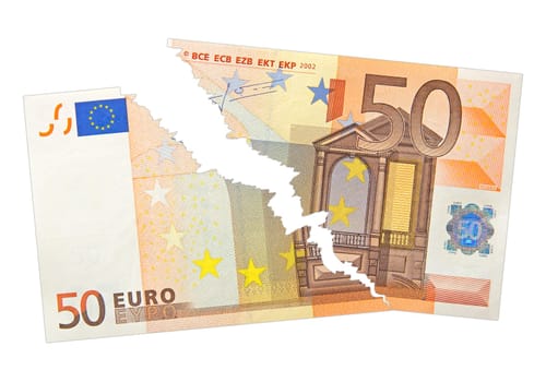ripped fifty euro bank note isolated on white