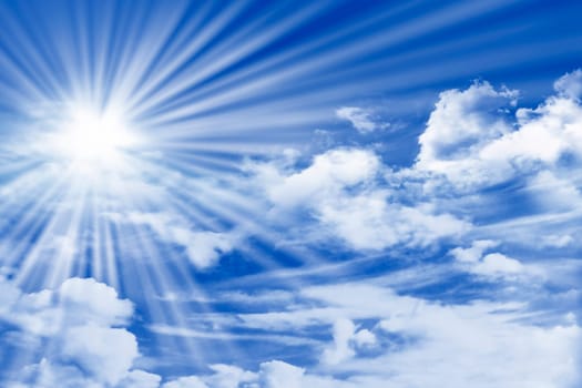 blue sky with clouds, sun and sun rays
