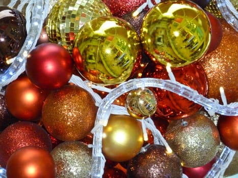 A christmas display of colored baubles and lights