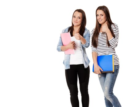 Students with notepads showing thumbs up against white background
