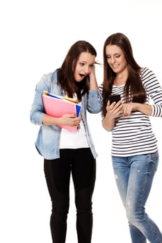 Schoolboy surfing the internet with smartphone against white background