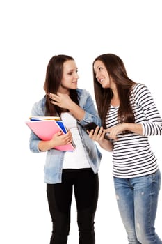 Laughing students using smartphone against white background