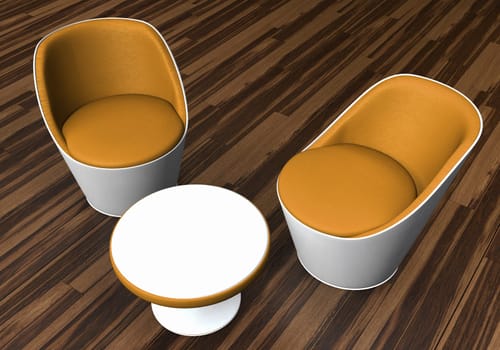 Modern Orange seating group on wooden floor from above