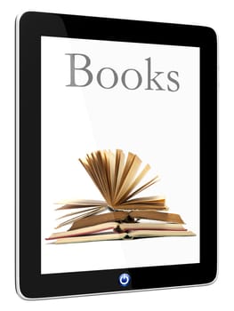 Book and iPad teblet computer 3D model isolated on white, digital library concept, Objects with Clipping Paths