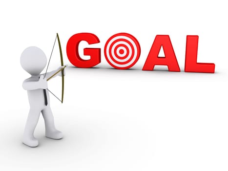 3d businessman as an archer is aiming at a red goal target