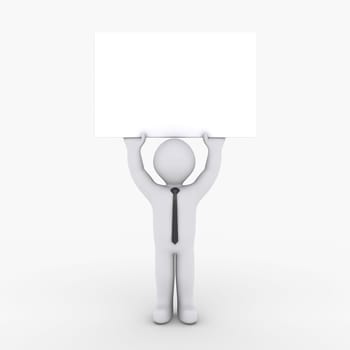 3d businessman is holding a blank sign high