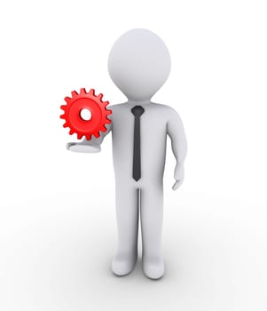3d businessman is holding on air a red cogwheel