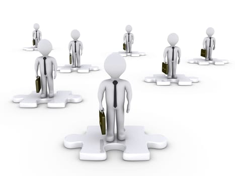 3d businessmen on white puzzle pieces in various positions
