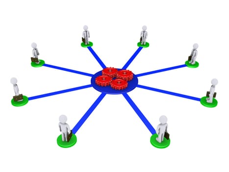 Eight 3d businessmen on pedestals are connected to four red cogs