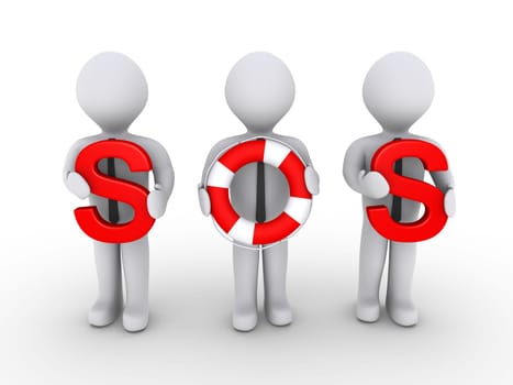 3d businessmen holding red sos letters using round lifebuoy