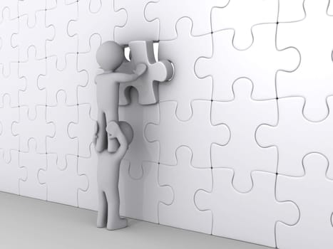 3d person on top of another is putting last piece of puzzle