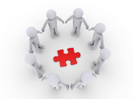 3d people in a circle around a red puzzle piece