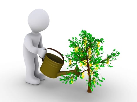 3d person is watering small tree with dollar signs