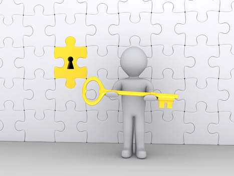 3d person holding a golden key in front of puzzle wall