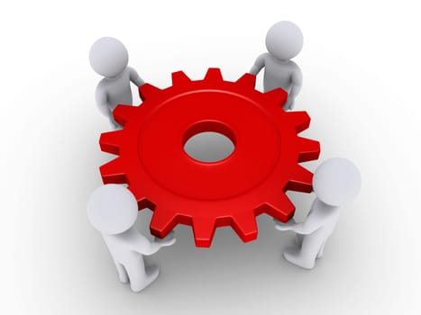Four 3d people are holding a red cog
