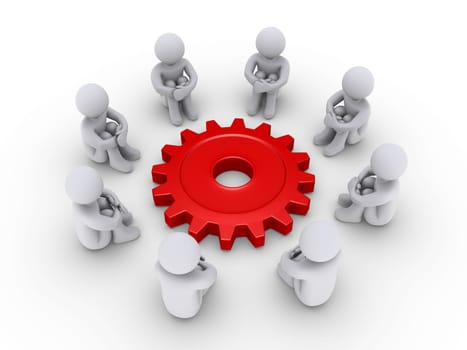 Eight 3d people are sitting around a red cogwheel