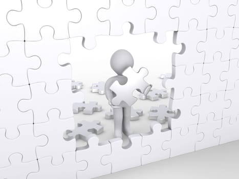 3d person holding puzzle piece about to complete vertical white puzzle