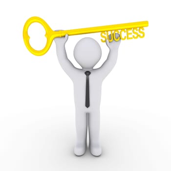 Happy 3d businessman is holding a golden key of success