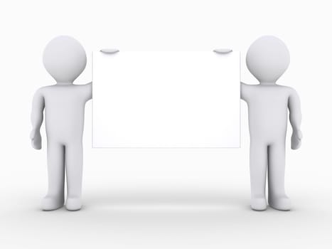 Two 3d people are holding a blank sign
