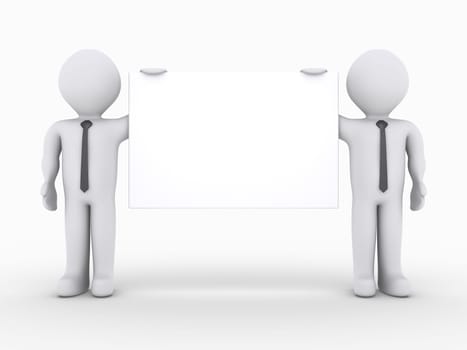 Two 3d businessmen are holding a blank sign