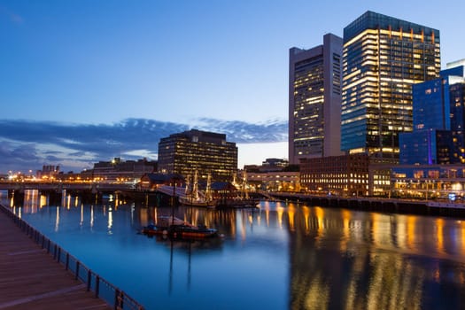 Boston waterfront by night, Massachusetts - USA