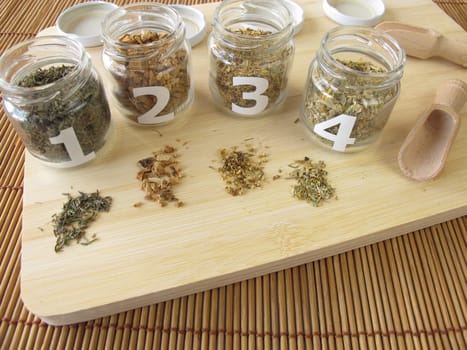 Medicinal herb samples with thyme,gentian root,elderflower,primrose blossom
