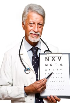 Portrait of happy senior doctor isolated on white background