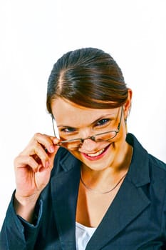 Close-up young beautiful woman with reading glasses on white background