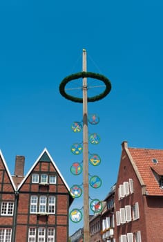 traditional bavarian maypole in Munster, Germany. In Germany and Austria the maypole (or Maibaum) is a tradition going back to the 16th century. It is a decorated tree or tree trunk that is usually erected either on 1 May  in Baden and Swabia - or on the