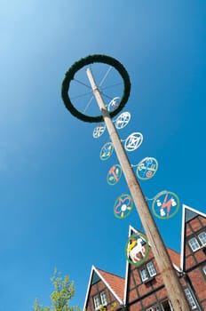 traditional bavarian maypole in Munster, Germany. In Germany and Austria the maypole (or Maibaum) is a tradition going back to the 16th century. It is a decorated tree or tree trunk that is usually erected either on 1 May  in Baden and Swabia - or on the