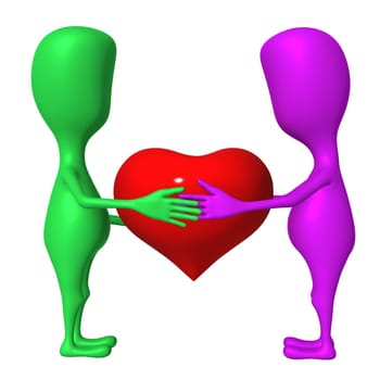 Two 3d puppet hold heart between each other