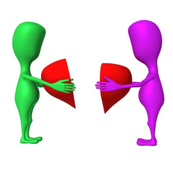 Two 3d puppet try to connect heart pieces