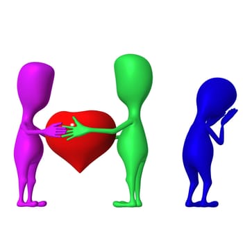 Different three 3d puppet compose standard love triangle