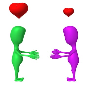 Two 3d puppet have feelings to each other