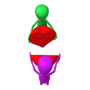 Two 3d puppet try to divide red heart