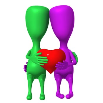 Two 3d puppet share one small heart together