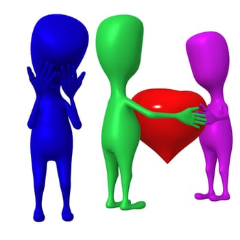 Two 3d puppet hold heart and one sad
