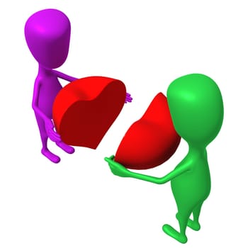 Two 3d puppet try to unite heart pieces